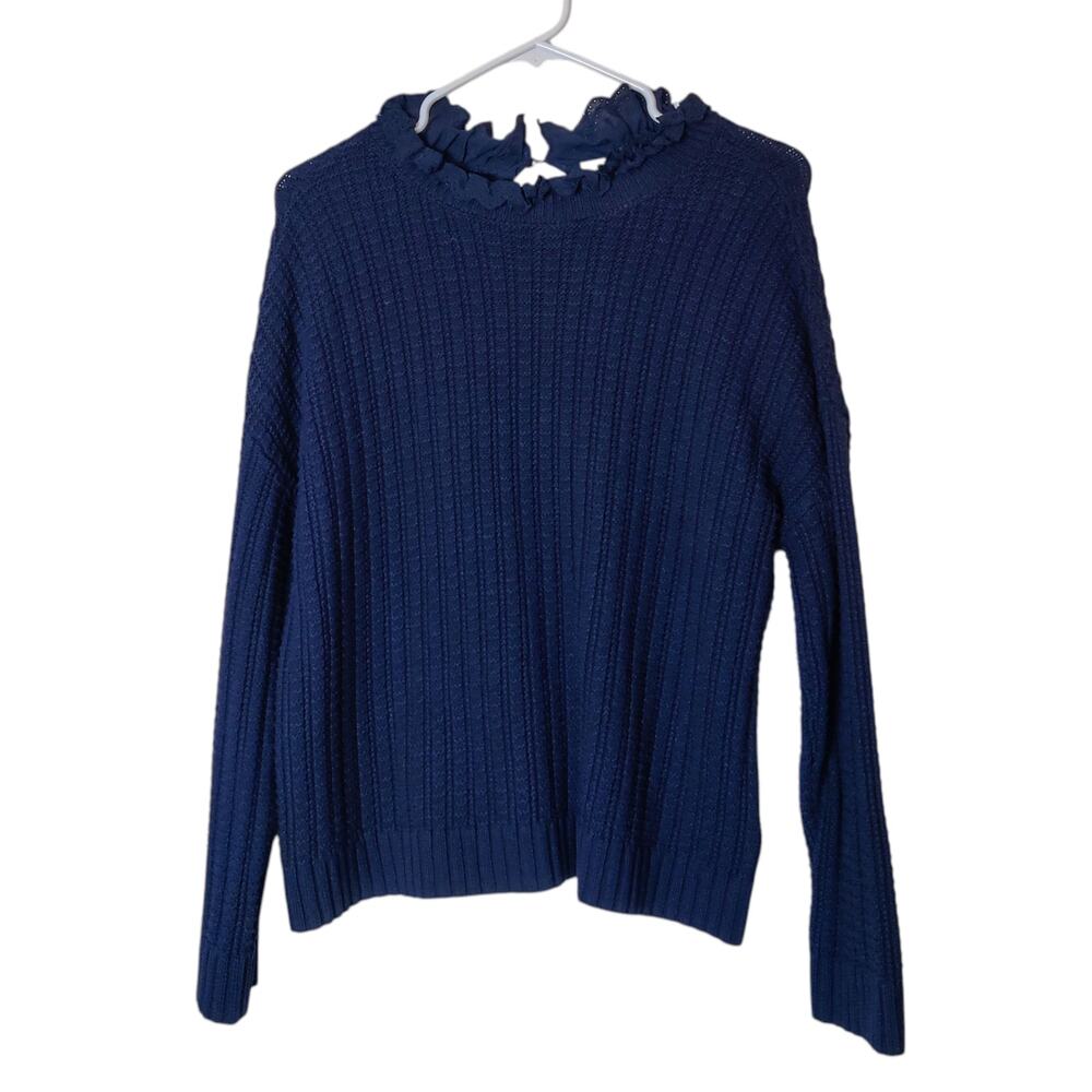 Lilla P Ruffle Collar Fisherman Knit Cotton Sweater XS Navy Blue Nautical Preppy
